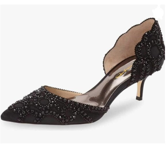 XYD Black Pointed Toe D'Orsay Kitten Heel Rhinestone Studs Wedding Pump - Picture 1 of 8